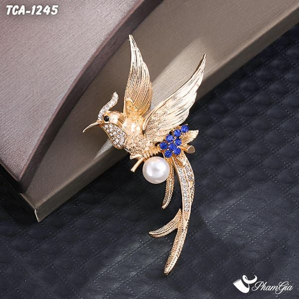 Ghim Cài Áo Chim Phượng Hoàng Vàng Đính Ngọc Trai Quý Phái Màu Xanh (TCA1245)