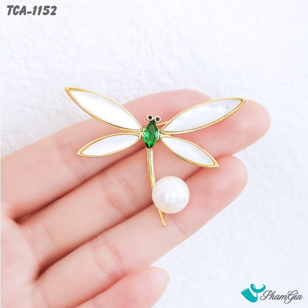 Model Cầm Ghim Cài Áo Chuồn Chuồn Xanh Xà Cừ Đính Ngọc Trai Thanh Lịch