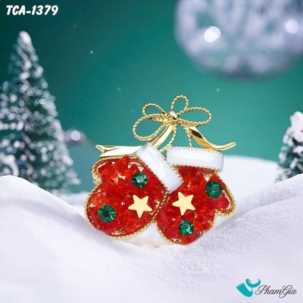 Ghim Cài Áo Găng Tay Đỏ Đính Đá Sắc Màu Giáng Sinh (TCA1379)