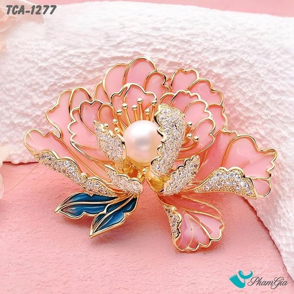 Ghim Cài Áo Hoa Mẫu Đơn Hồng Đính Ngọc Trai Sang Trọng (TCA1277)