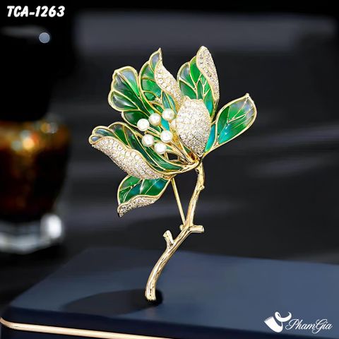 Góc Nghiêng Ghim Cài Áo Hoa Mộc Lan Đính Đá Men Xanh Cao Cấp