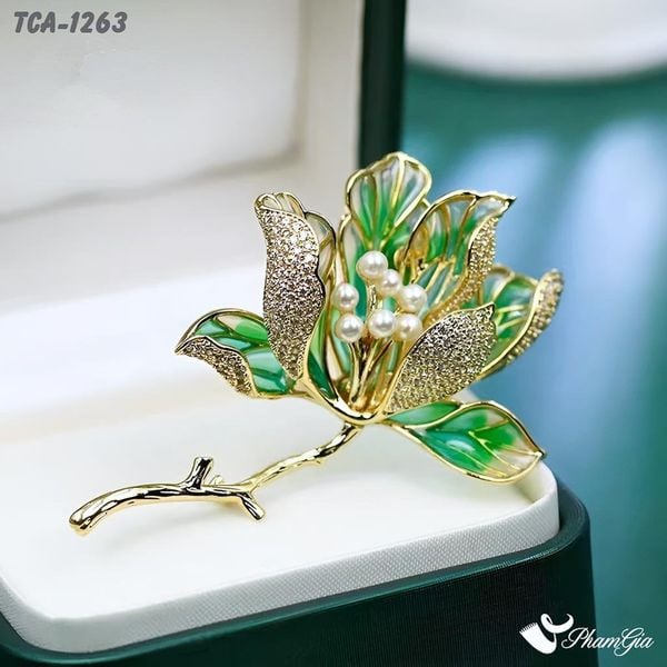 Ghim Cài Áo Hoa Mộc Lan Đính Đá Men Xanh Cao Cấp (TCA1263)