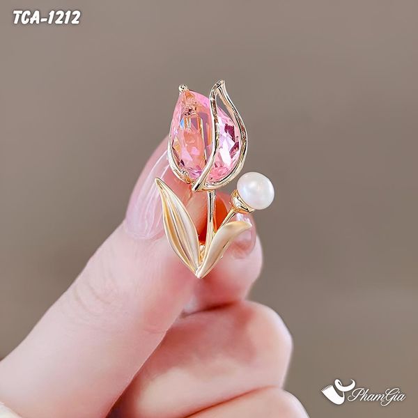 Ghim Cài Áo Hoa Tulip Mini Hồng Đính Đá Pha Lê (TCA1212)