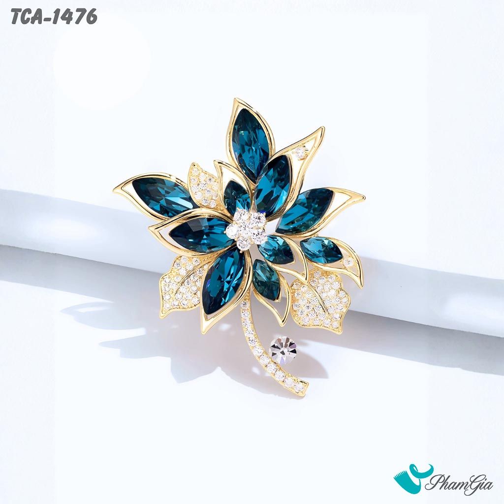 Ghim Cài Áo Lá Hồng Ngọc Đính Đá Pha Lê Xanh Lấp Lánh (TCA1476)