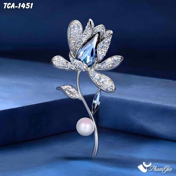 Ghim Cài Áo Nụ Hồng Pha Lê Xanh Đính Đá Sang Trọng (TCA1451)