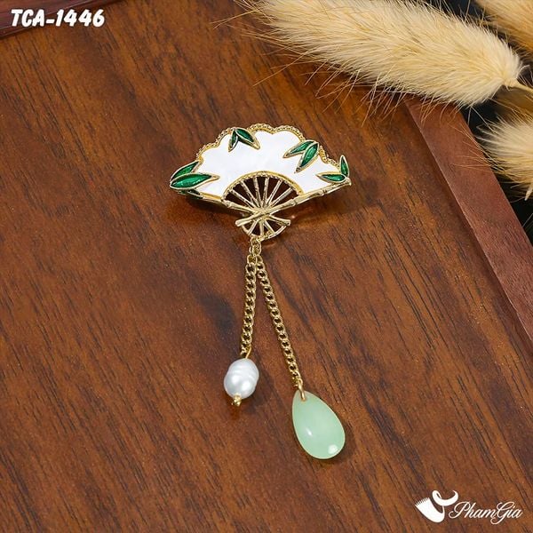 Ghim Cài Áo Quạt Lá Trúc Cẩn Xà Cừ Trang Nhã (TCA1446)
