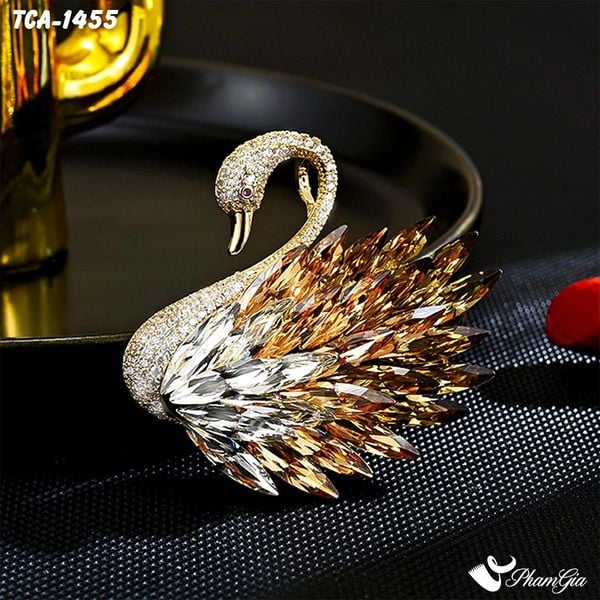 Ghim Cài Áo Thiên Nga Đính Đá Pha Lê Vàng Quý Phái (TCA1455)