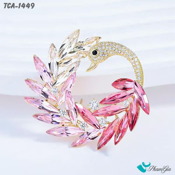 Ghim Cài Áo Thiên Nga Hồng Nạm Ngọc Trang Nhã (TCA1449)