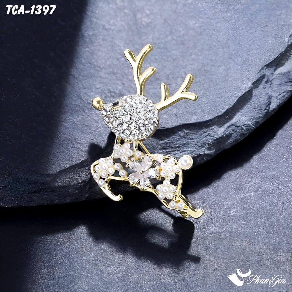 Ghim Cài Áo Tuần Lộc Vàng Đính Đá Thời Trang