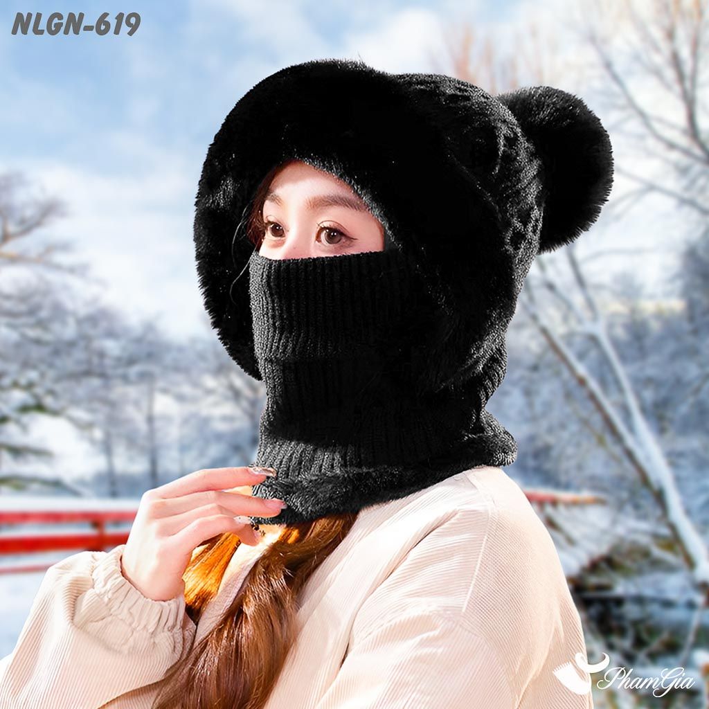 Nón Len Phối Lông Giữ Nhiệt Chuyên Dụng 2 Lớp Tích Hợp Khẩu Trang Giữ Ấm Cao Cấp Màu Đen