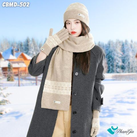 Combo Giữ Ấm Chuyên Dụng Gồm Khăn Len - Nón Len - Găng Tay Len Siêu Dày Màu Beige Phối Họa Tiết (CBMD502)
