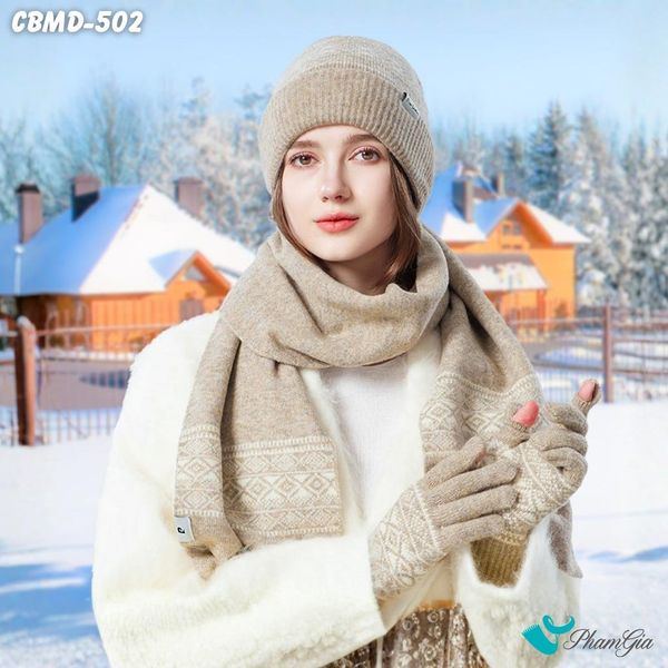 Combo Giữ Ấm Chuyên Dụng Gồm Khăn Len - Nón Len - Găng Tay Len Siêu Dày Màu Beige Phối Họa Tiết (CBMD502)
