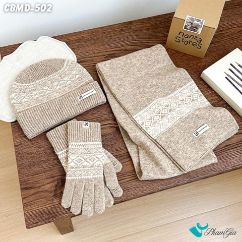 Combo Giữ Ấm Chuyên Dụng Gồm Khăn Len - Nón Len - Găng Tay Len Siêu Dày Màu Beige Phối Họa Tiết (CBMD502)