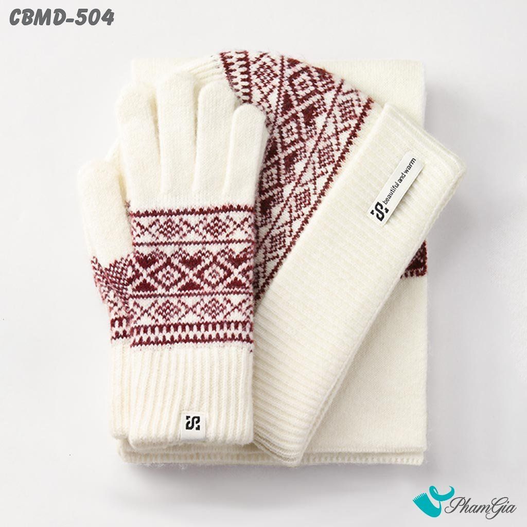 Combo Giữ Ấm Chuyên Dụng Gồm Khăn Len - Nón Len - Găng Tay Len Siêu Dày Màu Trắng Phối Họa Tiết (CBMD504)