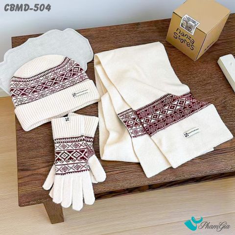 Combo Giữ Ấm Chuyên Dụng Gồm Khăn Len - Nón Len - Găng Tay Len Siêu Dày Màu Trắng Phối Họa Tiết (CBMD504)