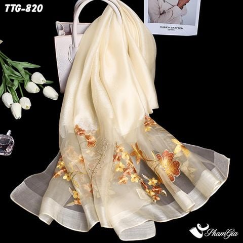 Góc Trên Khăn Choàng Tơ Tằm Gân Cao Cấp Thêu Hoa Mai Màu Sâm Panh Sang Trọng