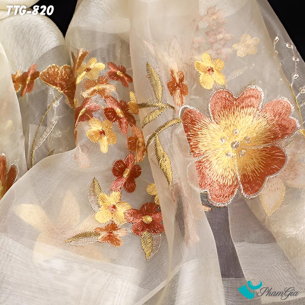 Họa Tiết Khăn Choàng Tơ Tằm Gân Cao Cấp Thêu Hoa Mai Màu Sâm Panh Sang Trọng
