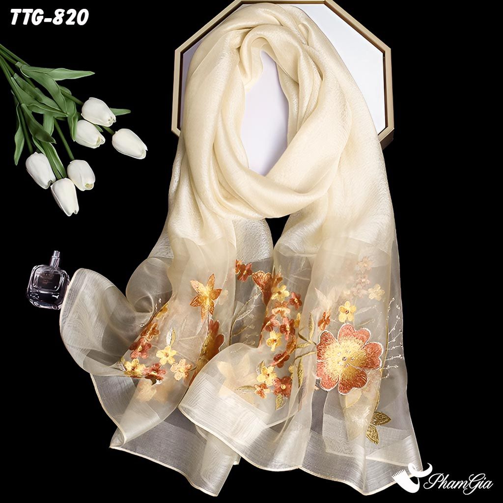 Khăn Choàng Tơ Tằm Gân Cao Cấp Thêu Hoa Mai Màu Sâm Panh Sang Trọng