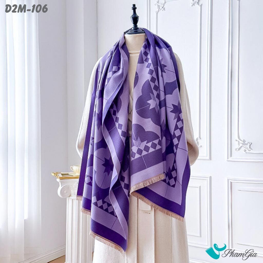 Khăn Choàng Dạ Cashmere 2 Mặt Cao Cấp Họa Tiết Hoa Bốn Cánh Màu Tím (D2M106)