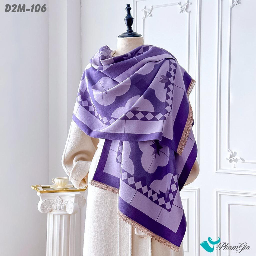 Khăn Choàng Dạ Cashmere 2 Mặt Cao Cấp Họa Tiết Hoa Bốn Cánh Màu Tím (D2M106)