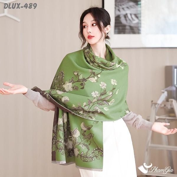 Khăn Choàng Dạ Cashmere Cao Cấp Họa Tiết Hoa Dây Leo Màu Xanh Trang Nhã (DLUX489)