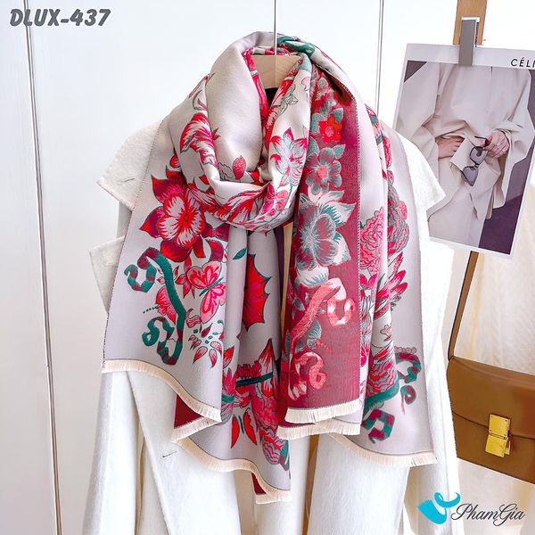 Khăn Choàng Dạ Cashmere Cao Cấp Họa Tiết Hoa Đỏ Phối Nền Beige Quyến Rũ (DLUX437)