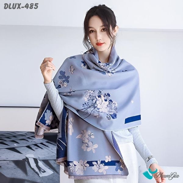 Khăn Choàng Dạ Cashmere Cao Cấp Họa Tiết Hoa Lá Màu Xanh Blue Trang Nhã (DLUX485)