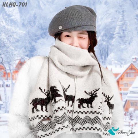 Khăn Choàng Len Giữ Ấm Họa Tiết Tuần Lộc Mùa Đông Màu Beige Cao Cấp (KLHQ701)