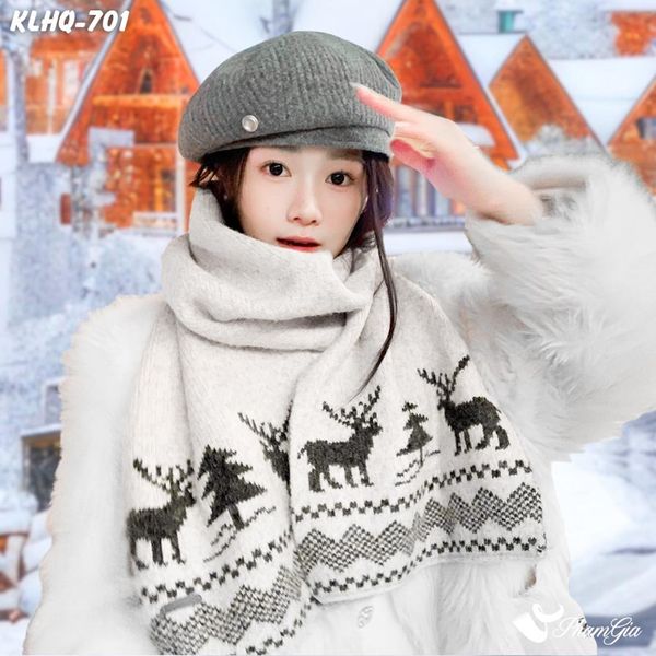 Khăn Choàng Len Giữ Ấm Họa Tiết Tuần Lộc Mùa Đông Màu Beige Cao Cấp (KLHQ701)