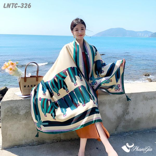 Khăn Choàng Linen Boho Họa Tiết Dây Đai Xanh Phối Nền Beige Cá Tính (LNTC326)