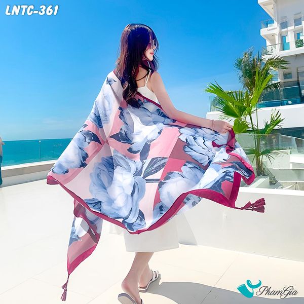 Khăn Choàng Linen Boho Họa Tiết Thổ Cẩm Phối Hoa Màu Xám Thanh Lịch (LNTC361)