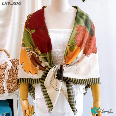 Khăn Choàng Linen Vuông Họa Tiết Hoa Nhiệt Đới Màu Beige Thanh Lịch (LNV304)
