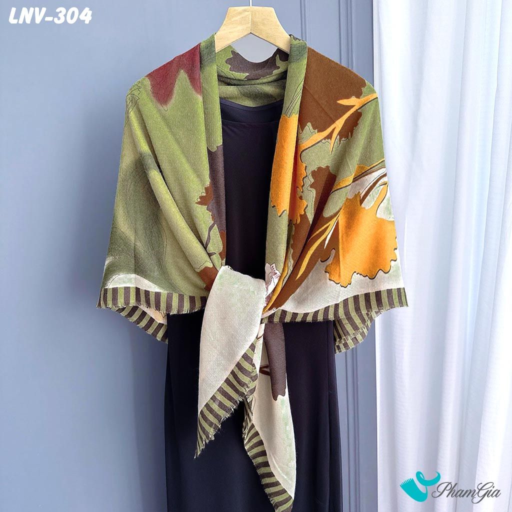 Khăn Choàng Linen Vuông Họa Tiết Hoa Nhiệt Đới Màu Beige Thanh Lịch (LNV304)