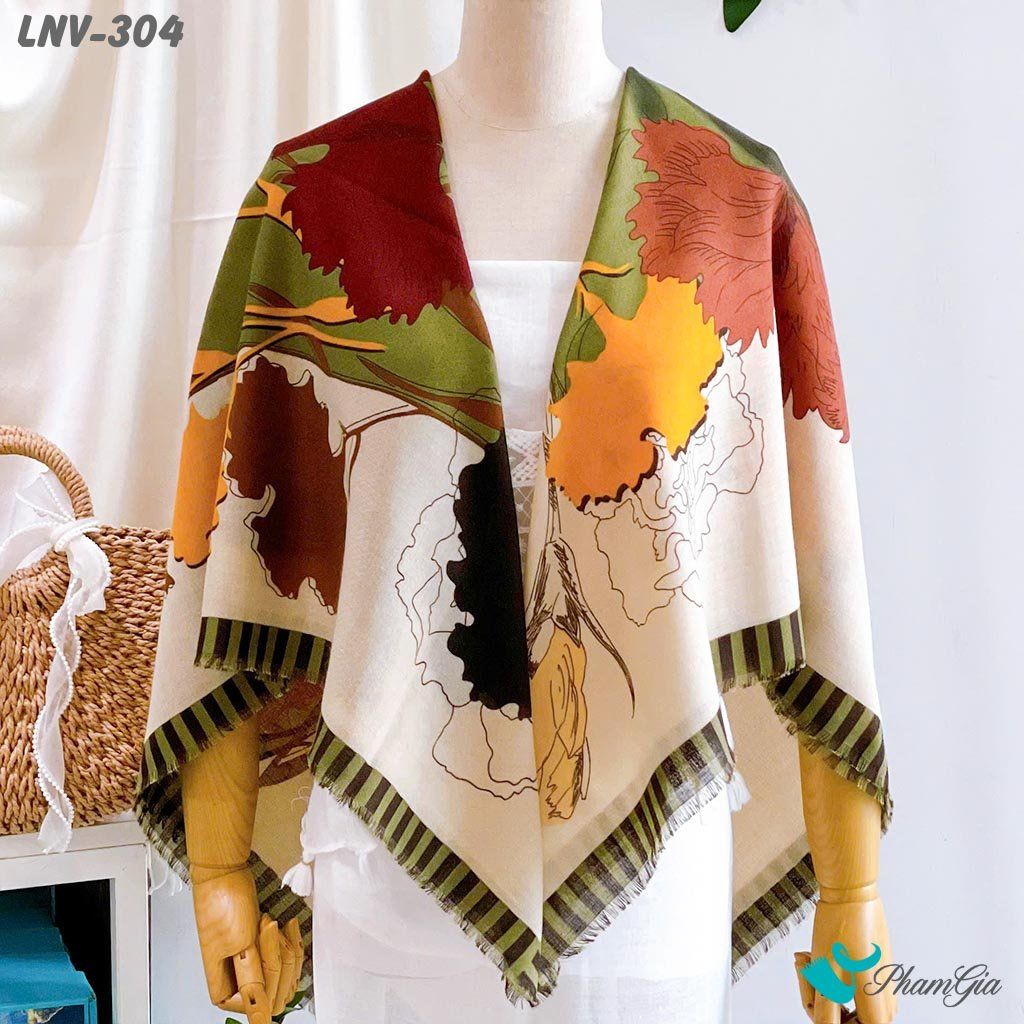 Khăn Choàng Linen Vuông Họa Tiết Hoa Nhiệt Đới Màu Beige Thanh Lịch (LNV304)