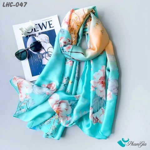 Khăn Choàng Lụa Hàng Châu Họa Tiết Hoa Mẫu Đơn Nền Xanh Ngọc Trang Nhã (LHC047)