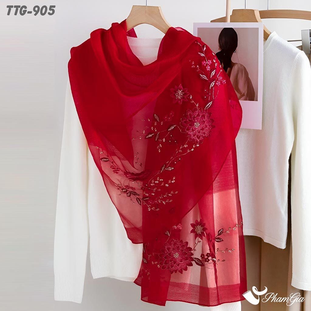 Khăn Choàng Tơ Tằm Gân Cao Cấp Thêu Hoa Cúc Đại Đóa Màu Đỏ Quý Phái