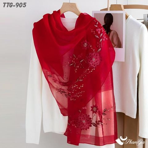 Khăn Choàng Tơ Tằm Gân Cao Cấp Thêu Hoa Cúc Đại Đóa Màu Đỏ Quý Phái