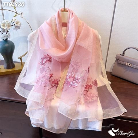 Khăn Choàng Tơ Tằm Gân Cao Cấp Thêu Hoa Sen Màu Hồng Dâu Sang Trọng (TTG830)