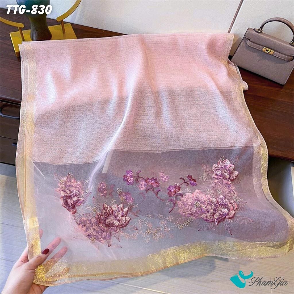 Khăn Choàng Tơ Tằm Gân Cao Cấp Thêu Hoa Sen Màu Hồng Dâu Sang Trọng (TTG830)