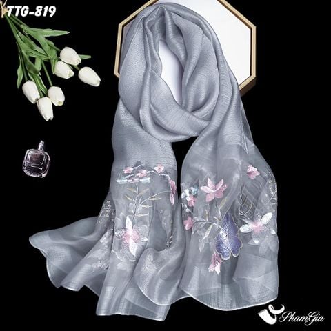 Khăn Choàng Tơ Tằm Gân Cao Cấp Thêu Hoa Mai Màu Xám Khói Sang Trọng