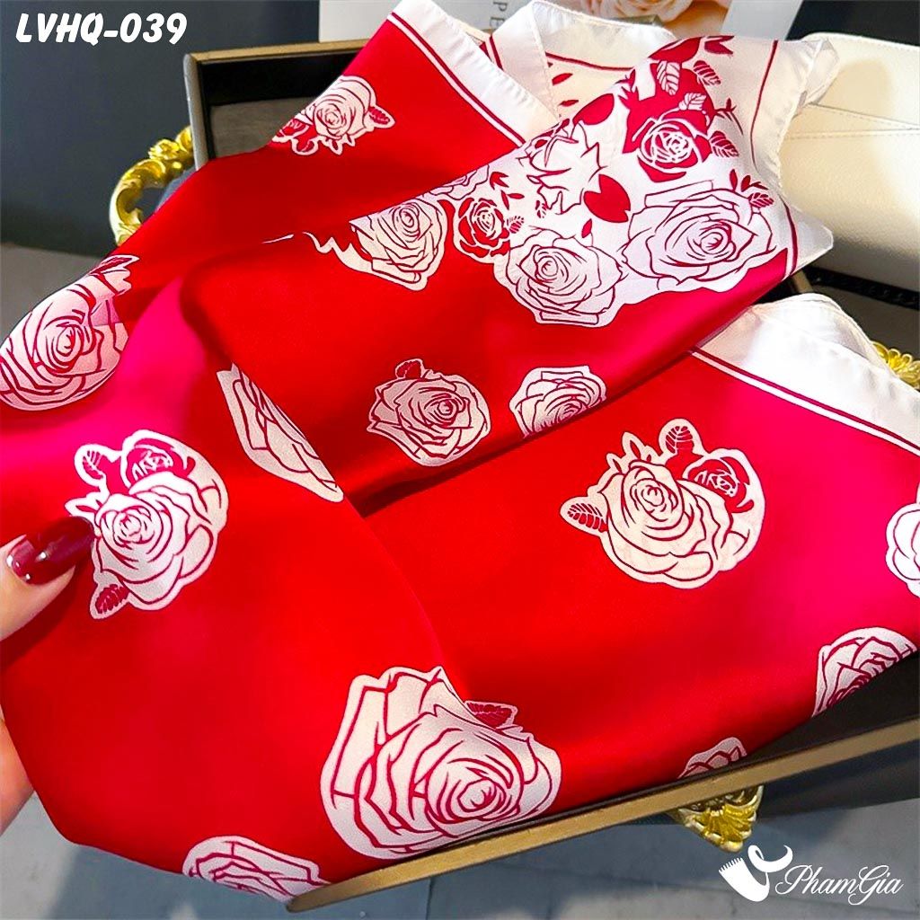 Khăn Lụa Vuông 70*70Cm Phong Cách Hàn Quốc Họa Tiết Hoa Hồng Màu Đỏ (LVHQ039)