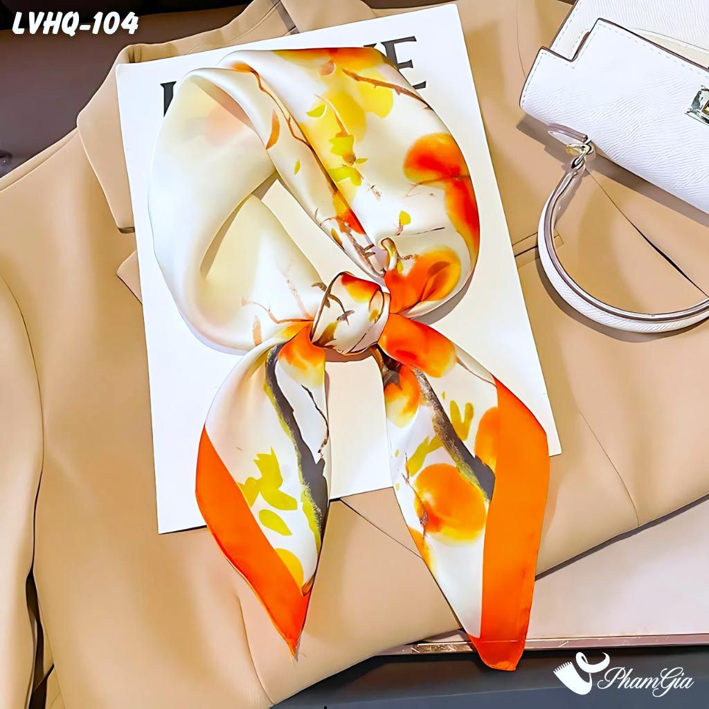 Khăn Lụa Vuông 70*70Cm Phong Cách Hàn Quốc Họa Tiết Hoa Lựu Màu Cam (LVHQ104)