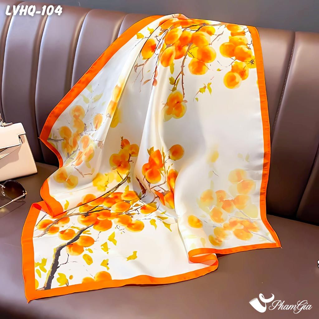 Khăn Lụa Vuông 70*70Cm Phong Cách Hàn Quốc Họa Tiết Hoa Lựu Màu Cam (LVHQ104)