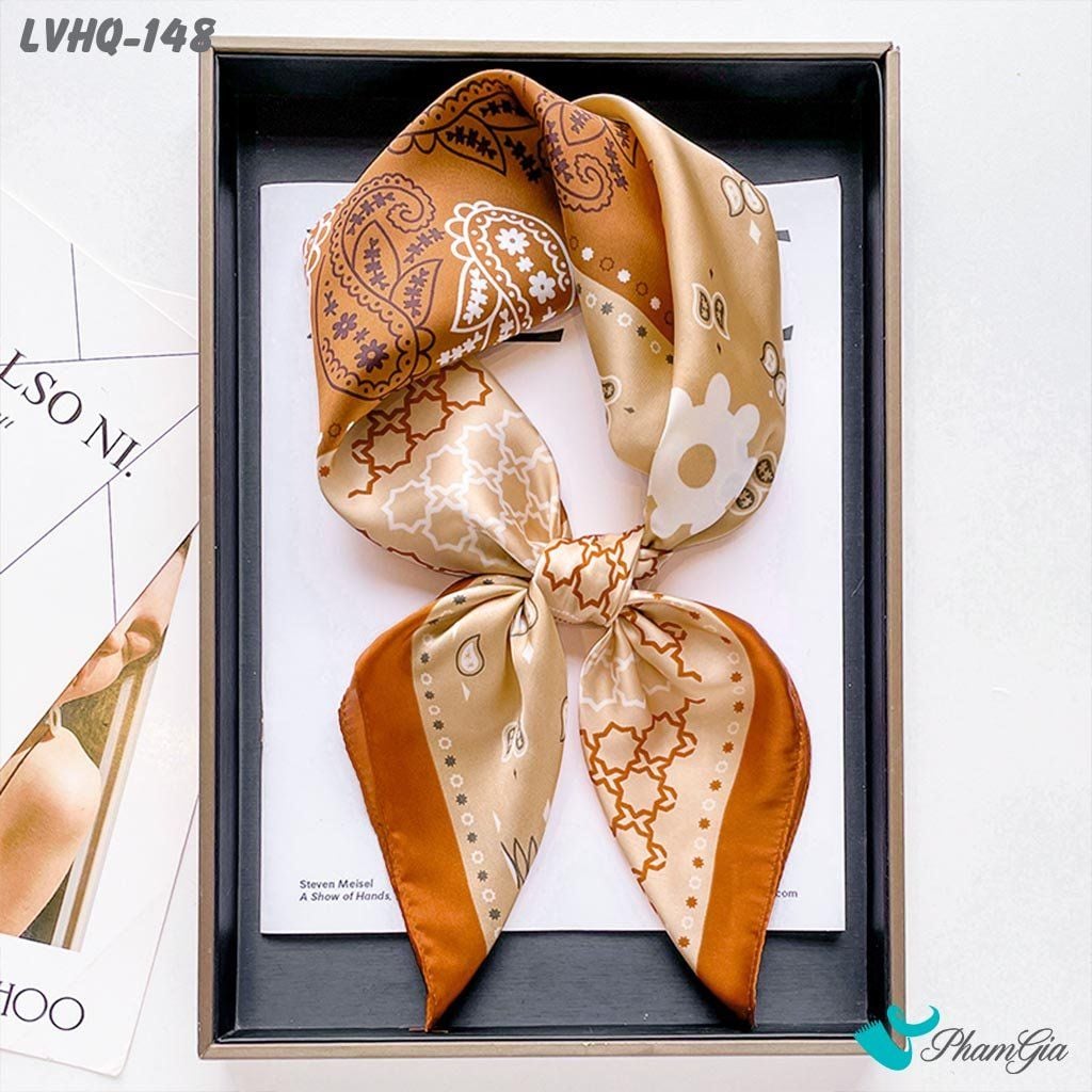 Khăn Lụa Vuông 70*70Cm Phong Cách Hàn Quốc Họa Tiết Paisley Màu Nâu (LVHQ148)