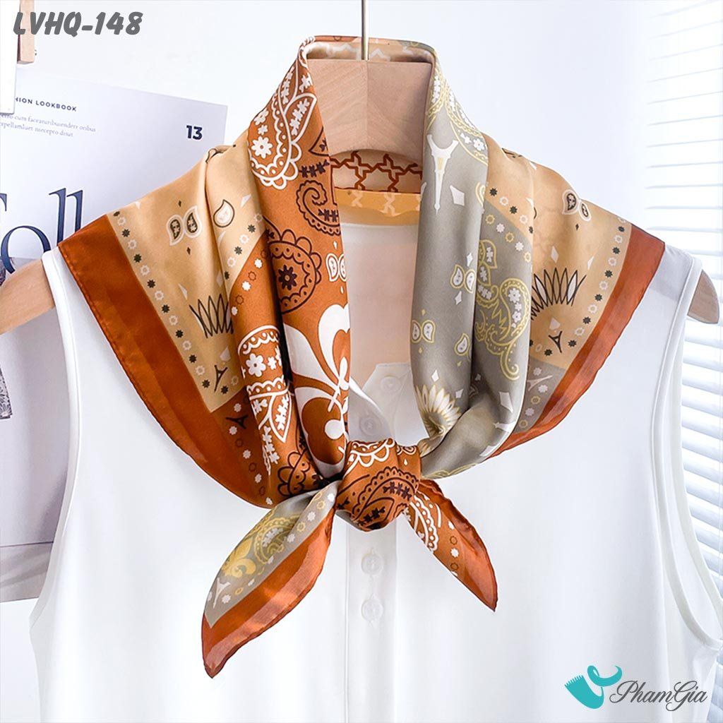 Khăn Lụa Vuông 70*70Cm Phong Cách Hàn Quốc Họa Tiết Paisley Màu Nâu (LVHQ148)