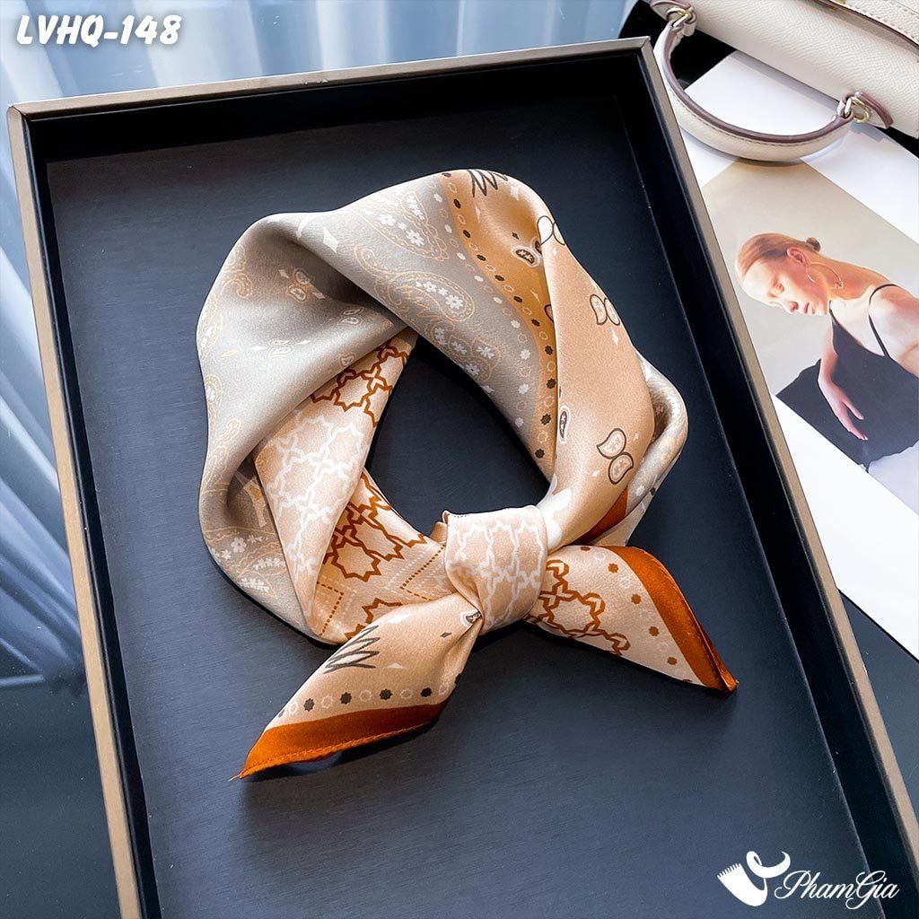 Khăn Lụa Vuông 70*70Cm Phong Cách Hàn Quốc Họa Tiết Paisley Màu Nâu (LVHQ148)