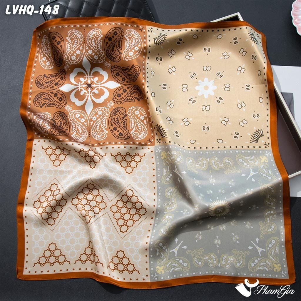 Khăn Lụa Vuông 70*70Cm Phong Cách Hàn Quốc Họa Tiết Paisley Màu Nâu (LVHQ148)