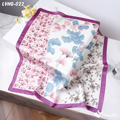 Khăn Lụa Vuông 70*70Cm Phong Cách Hàn Quốc Họa Tiết Hoa Bốn Mùa Viền Tím (LVHQ022)