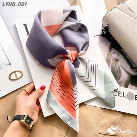 Khăn Lụa Vuông 70*70cm Phong Cách Hàn Quốc Họa Tiết Lập Thể Màu Xám - Cam