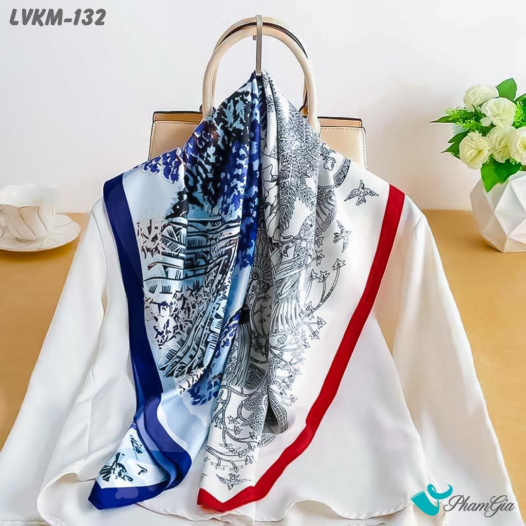 Khăn Lụa Vuông 90*90Cm Họa Tiết Retro Đương Đại Phối Màu Xanh - Trắng (LVKM132)